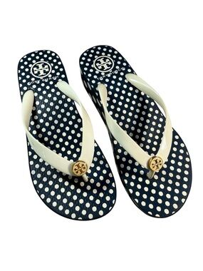 Tory Burch Navy and White Polka Dot Wedge Sandals - Size 8 like new condition